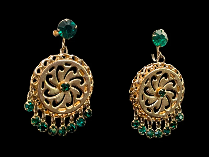 Drop Earrings for Concert Look -Drop earrings with zirconia accents for everyday glamour -1950s - 1960s Emerald Rhinestone Medallion Dreamcatcher Earrings in Gold