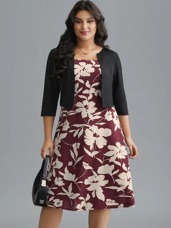 Plus size dresses featuring laser-cut details are unique -2-In-1 Floral Print Color Contrast Dress