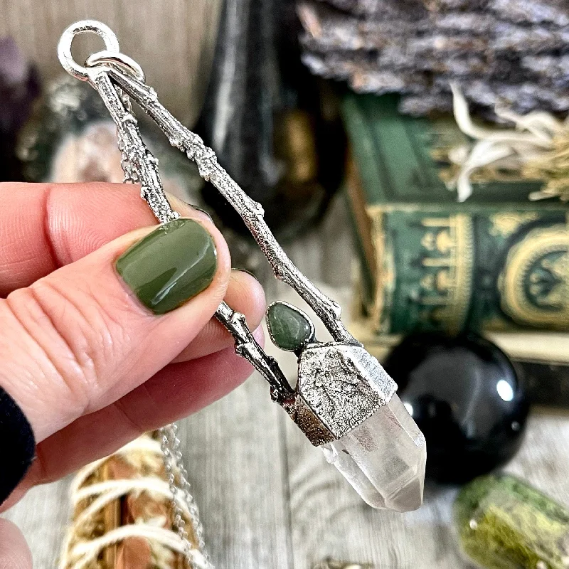 Necklaces and pendants with zodiac constellation designs for an astrological touch-Sticks & Stones Collection- Raw Clear Quartz and Green Aventurine Necklace in Fine Silver /