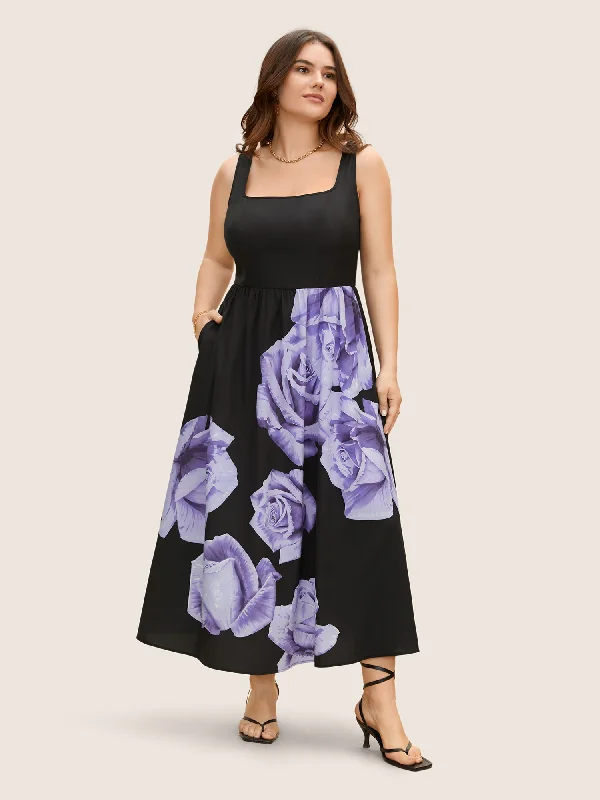 Plus size dresses with sleek fits elongate frames -Square Neck Rose Print Elastic Waist Maxi Dress