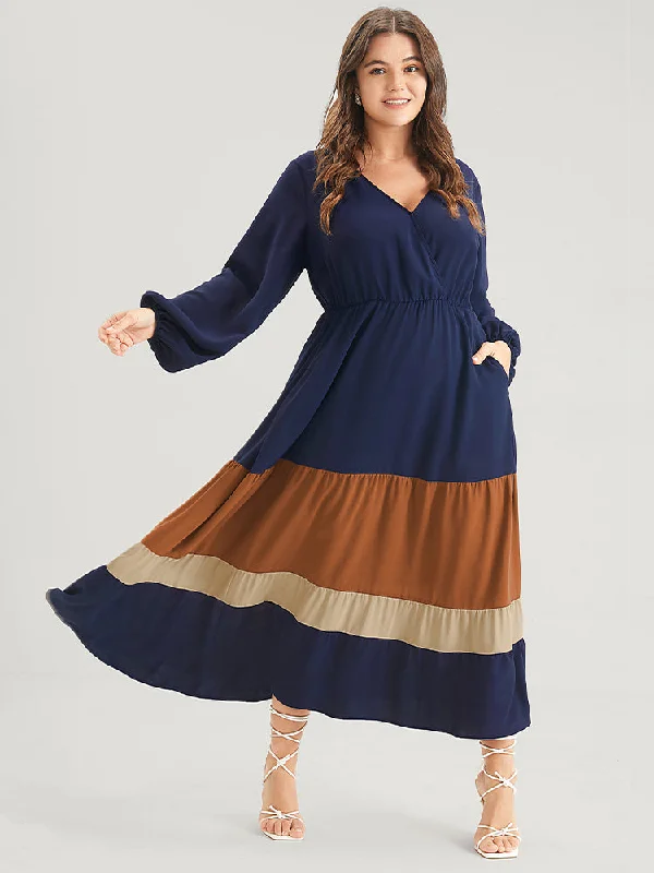 Plus size dresses featuring beaded hems are ornate -Bloom Dress -Colorblock Contrast Pocket Lantern Sleeve Flutter Surplice Neck Maxi Dress