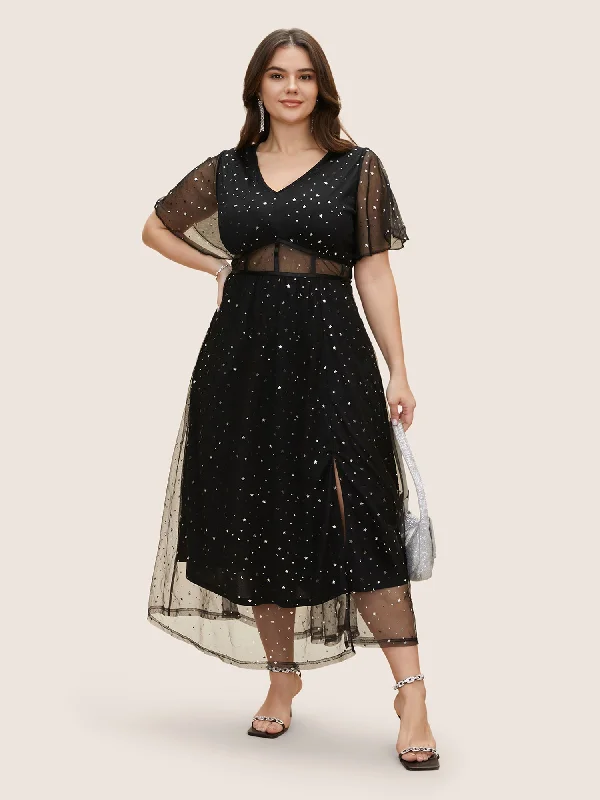 Plus size dresses for office chic stay crisp -Glitter Star Mesh Patchwork Split Hem Dress