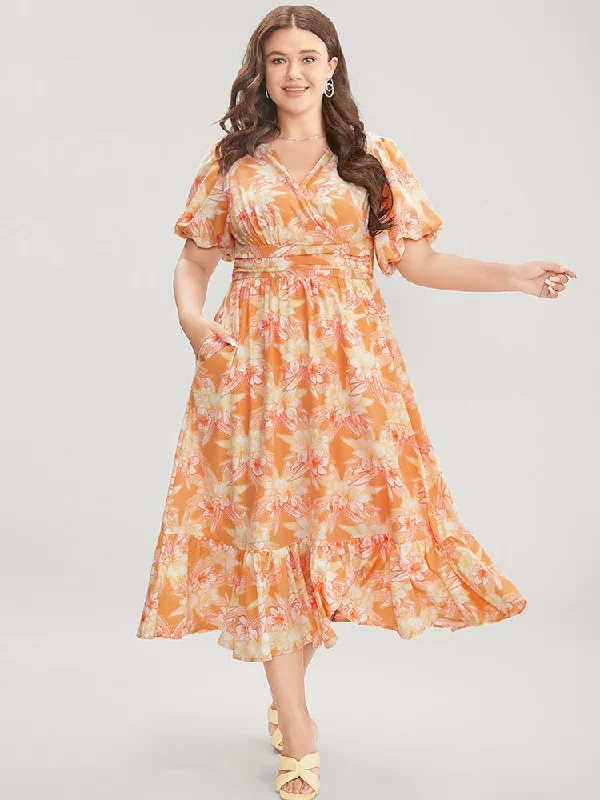 Plus size dresses with sturdy hems stay firm -Floral Print Puff Sleeve Gathered Pocket Wrap Ruffles Dress