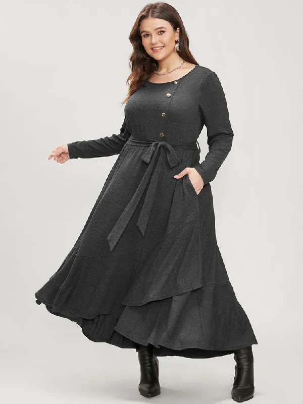 Plus size dresses featuring sequins sparkle subtly -Solid Pocket Button Detail Belted Ruffles Hem Dress