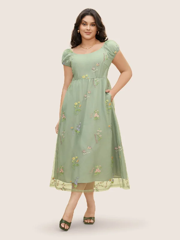 Plus size dresses with wide belts define waists -Mesh Floral Embroidered Cap Sleeve Midi Dress