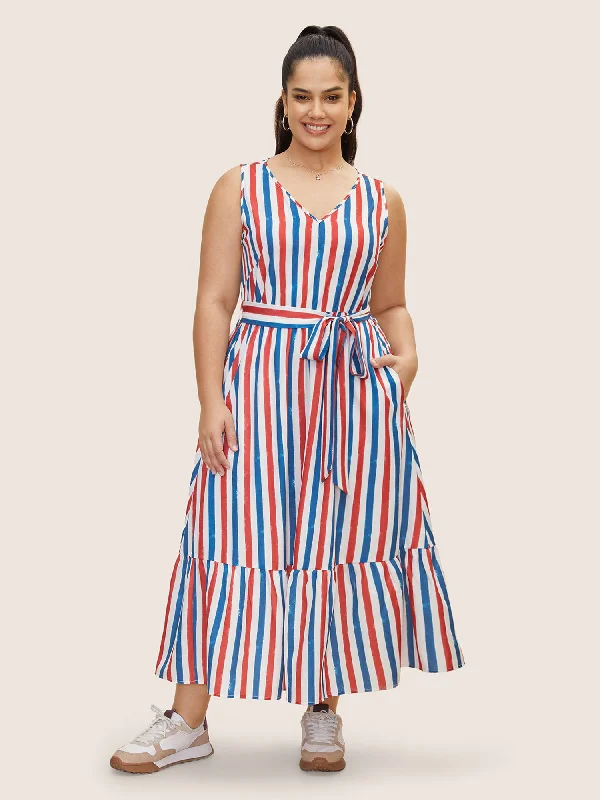 Plus size dresses with flexible fits adapt easily -V Neck Contrast Striped Tank Dress