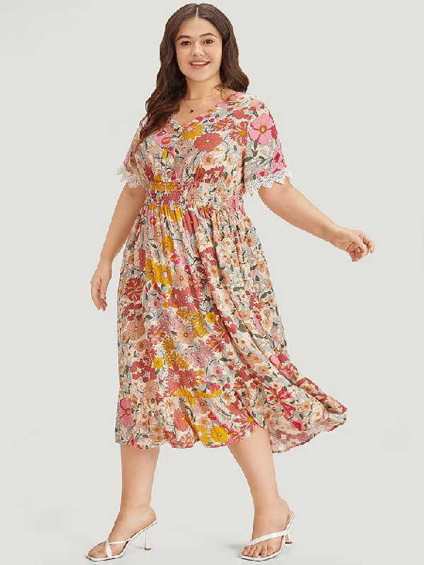 Plus size dresses with short sleeves suit spring -Floral Patchwork Button Detail Lace Trim Shirred Dress