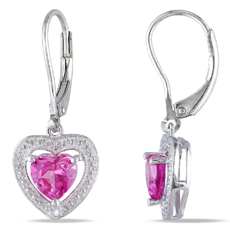 Drop Earrings for Graduation Day -Feminine drop earrings with lace designs -Miadora Sterling Silver Created Pink Sapphire and Diamond Heart Earrings