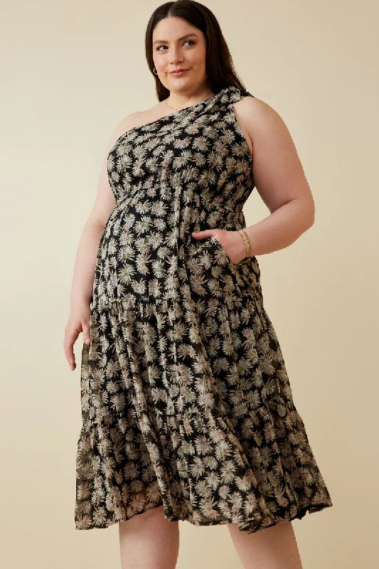 Plus size dresses with soft cotton feel comfy -Floral Print One Shoulder Tiered Dress