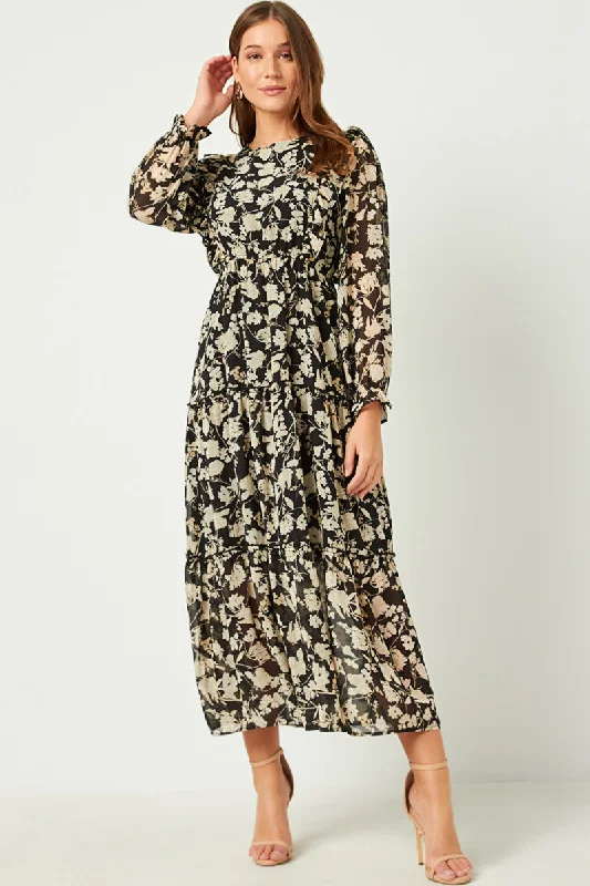 Plus size dresses featuring striped patterns are fresh -Botanical Print Chiffon Ruffled Maxi Dress