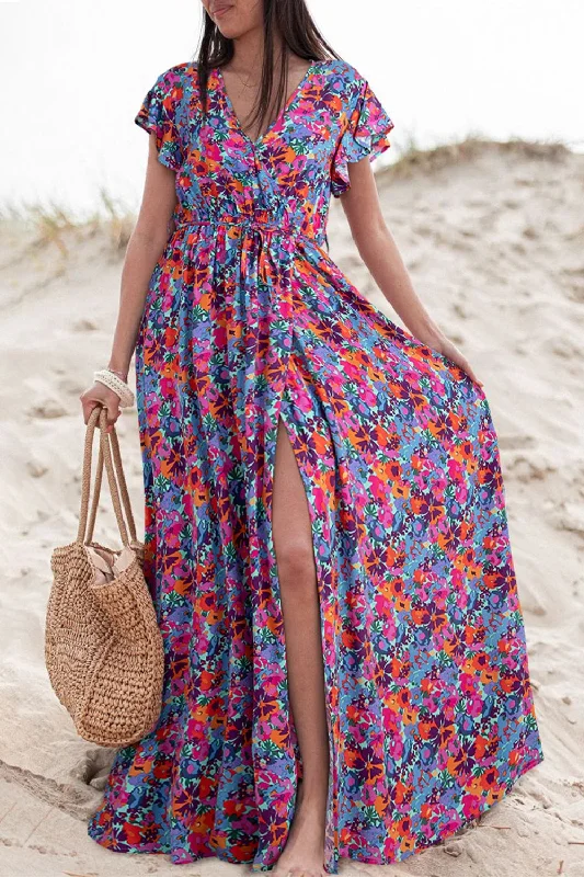 Plus size dresses with stretch panels move freely -Slit Printed Cap Sleeve Maxi Dress