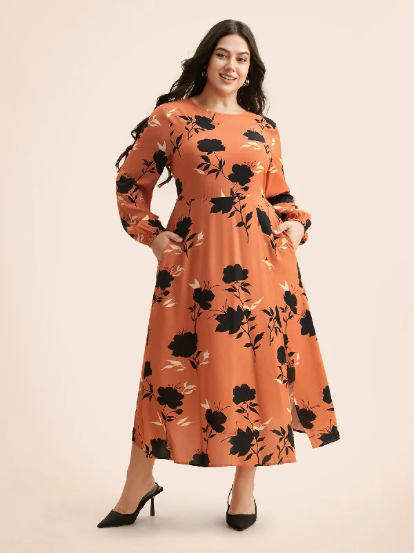 Plus size dresses with durable fabrics endure wear -Silhouette Floral Print Lantern Sleeve Slit Hem Dress