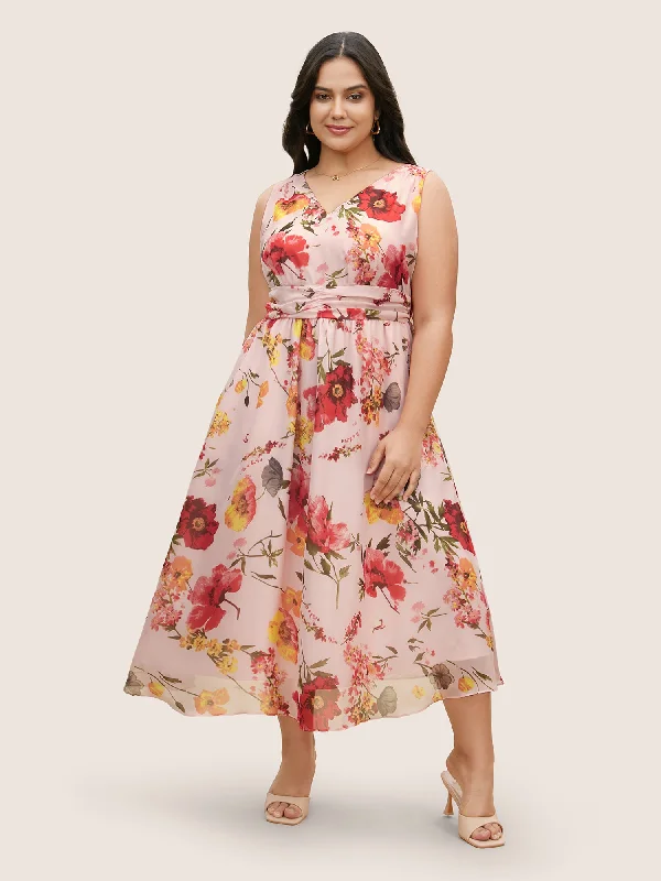 Plus size dresses featuring striped patterns are fresh -V Neck Floral Ruched Sleeveless Dress