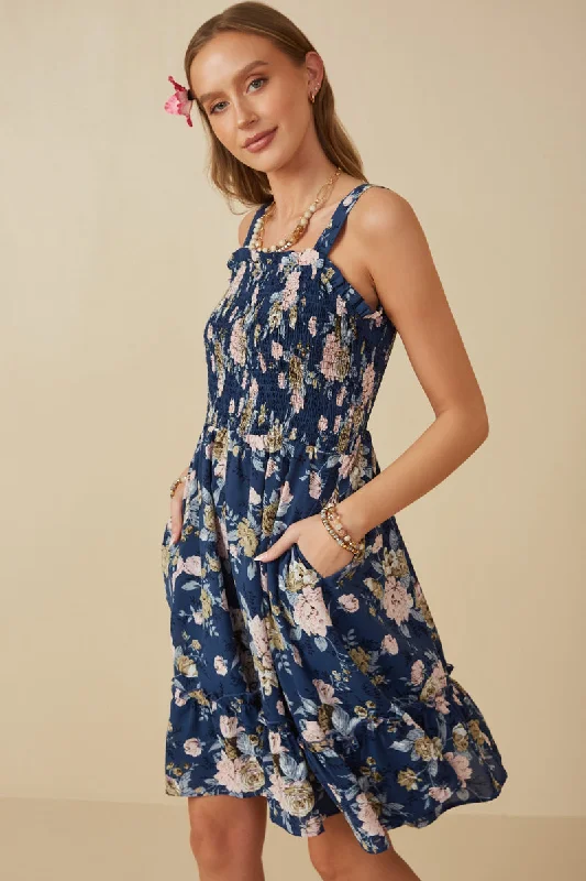 Plus size dresses featuring ombre effects look artsy -Romantic Floral Smocked Bodice Tank Dress