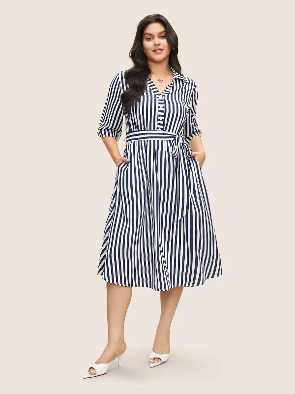 Plus size dresses featuring sequined tops glitter bright -Striped Belted Shirt Collar Button Up Dress