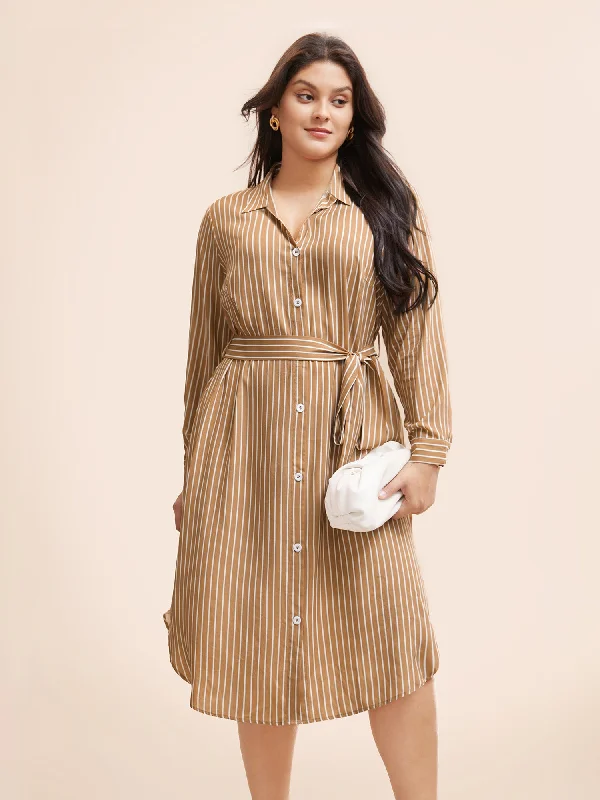 Plus size dresses featuring floral patterns feel fresh -Striped Shirt Collar Curved Hem Midi Dress