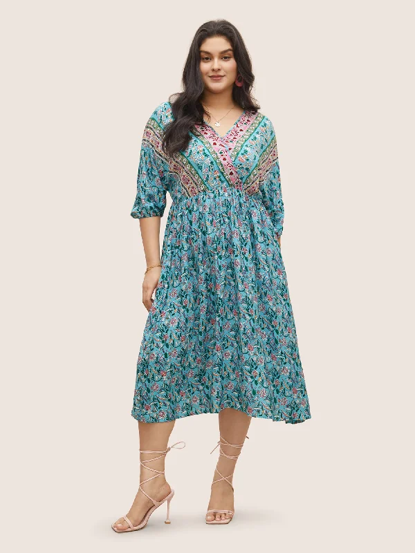 Plus size dresses featuring sequined tops glitter bright -Boho Print Wrap Elastic Waist Lantern Sleeve Dress