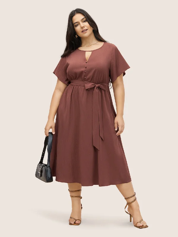 Plus size dresses featuring geometric prints are trendy -Anti-Wrinkle Keyhole Button Detail Belted Dress