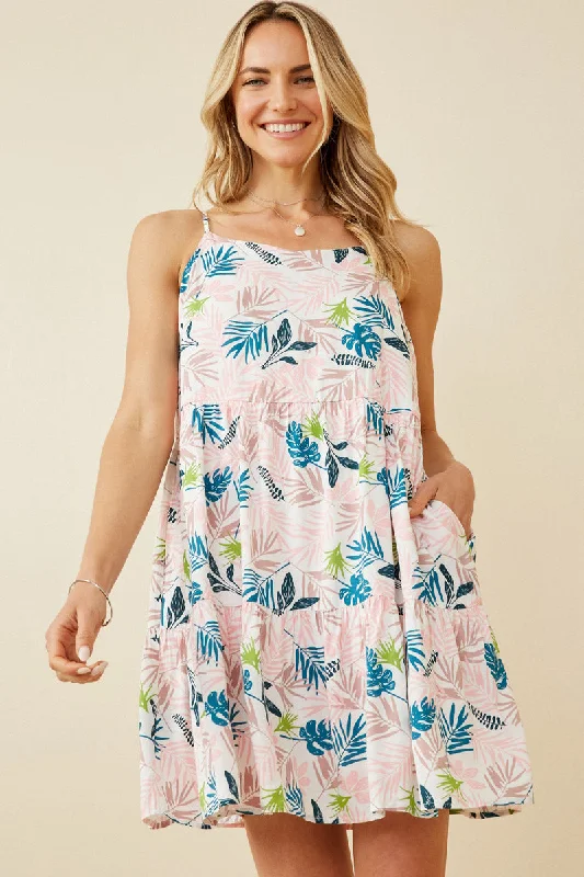 Plus size dresses featuring ruffle details add charm -Botanical Print Low Back Tank Dress