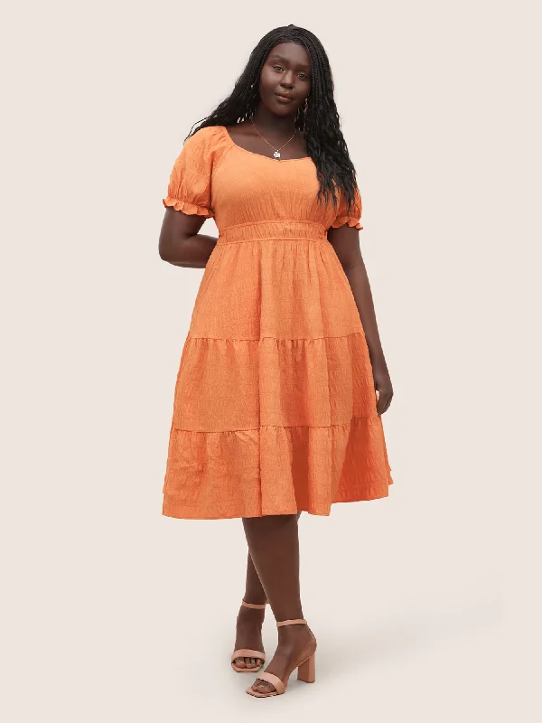 Plus size dresses with short sleeves suit spring -Plisse Flutter Patchwork Hem Lantern Sleeve Dress