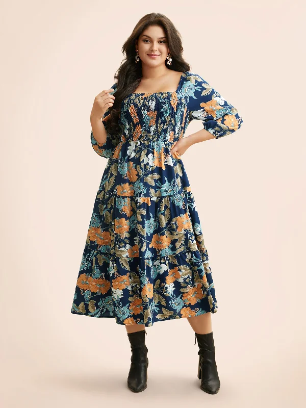 Plus size dresses with vibrant shades feel fun -Square Neck Floral Shirred Midi Dress