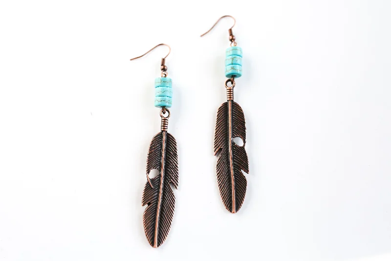 African Drop Earrings with Culture -Multi-layered drop earrings for a trendy style -Copper Feather with Turquoise Earrings