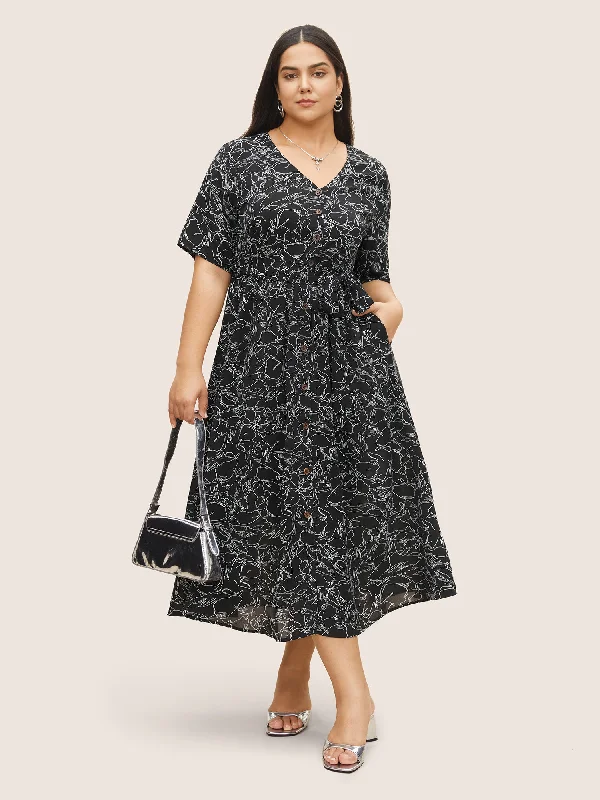 Plus size dresses featuring vibrant colors lift moods -Floral Button Through Belted Pocket Dress