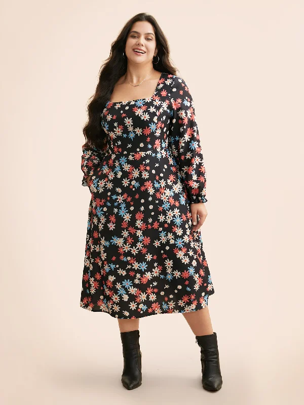 Chic plus size dresses for evenings drape perfectly -Floral Square Neck Lantern Sleeve Dress