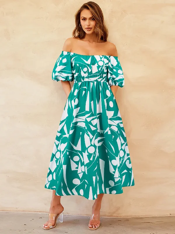 Plus size dresses with soft textures feel cozy -Printed Off-Shoulder Balloon Sleeve Dress