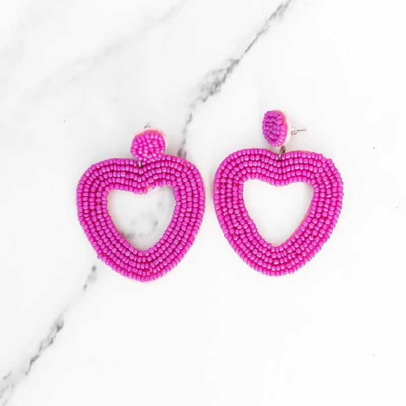 Drop Earrings for Fitness Activities -Drop earrings with braided metal for texture and style -Pink Open Heart Beaded Earrings