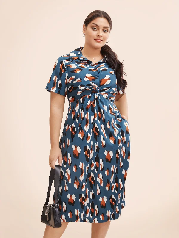 Plus size dresses for wide hips fit nicely -Leopard Print Shirt Collar Twist Front Dress