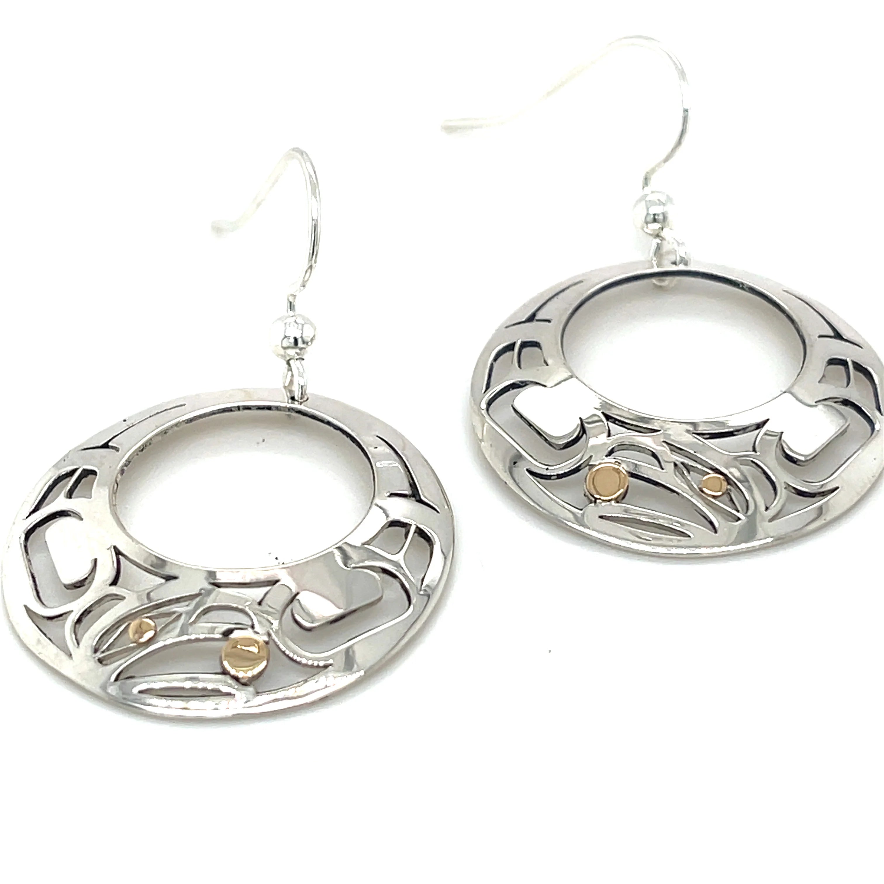 Drop Earrings with Filigree Work -Contemporary drop earrings with geometric patterns -Grant Pauls Earrings Silver & 14K - Round Raven Offset