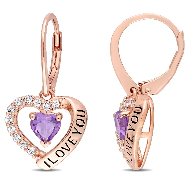 Drop Earrings for Prom Night -Drop earrings with natural pearl accents for a luxurious touch -Miadora Amethyst & White Topaz "I Love You" Heart Halo Drop earrings in Rose Plated Sterling Silver