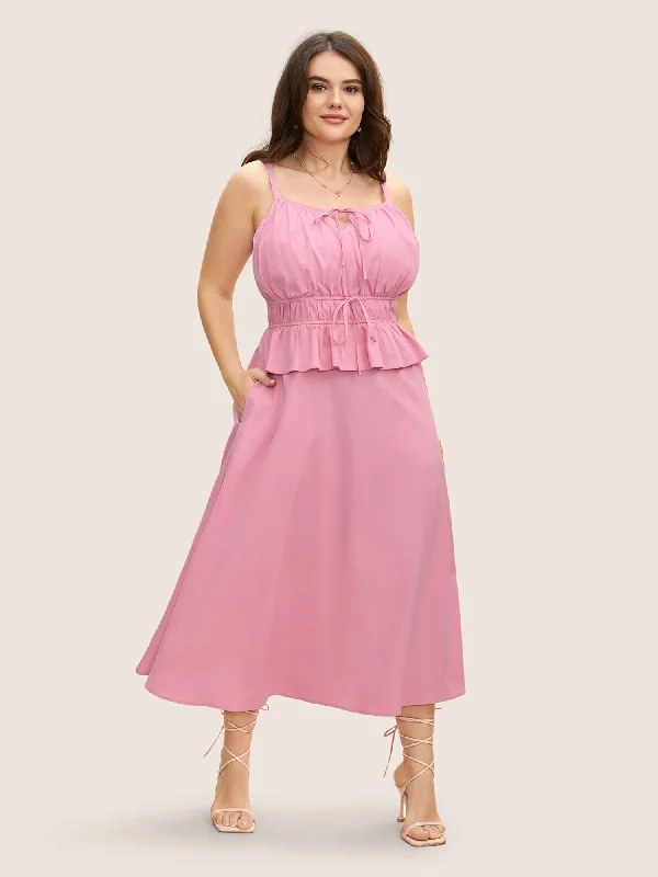 Plus size dresses with vibrant shades feel fun -Plain Textured Tie Knot Ruffles Cami Dress