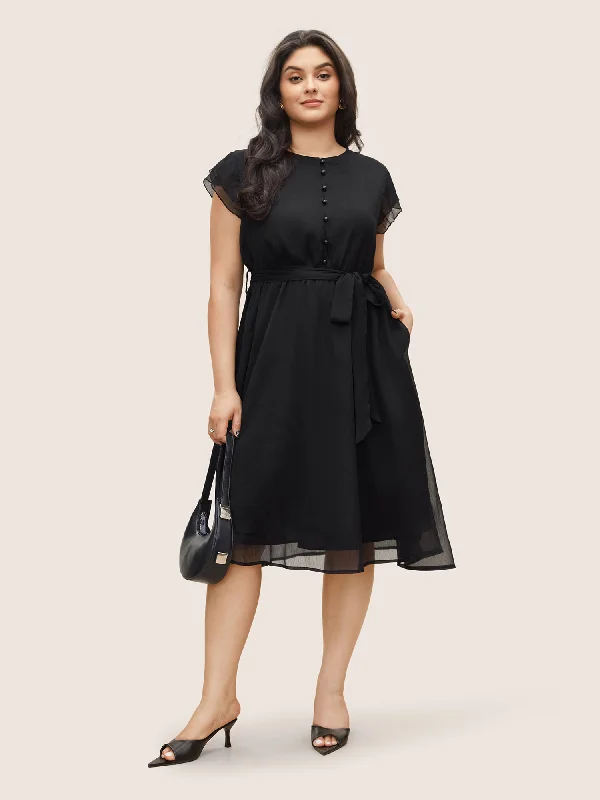 Plus size dresses featuring fuzzy accents are warm -Solid Mesh Belted Ruffle Cap Sleeve Dress