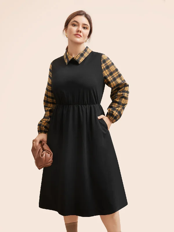 Plus size dresses for minimalist style stay clean -Plaid Patchwork Elastic Waist Midi Dress