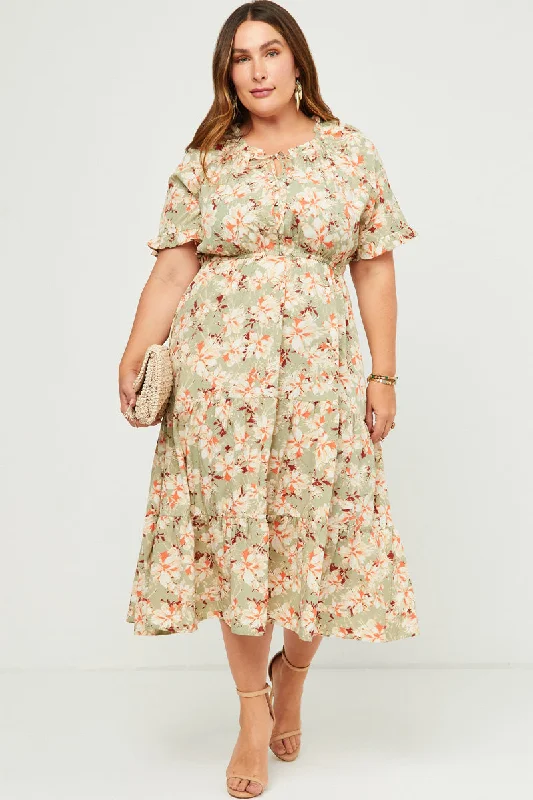 Plus size dresses with breathable layers stay airy -Ruffled Tie Neck Cinch Waist Floral Print Dress