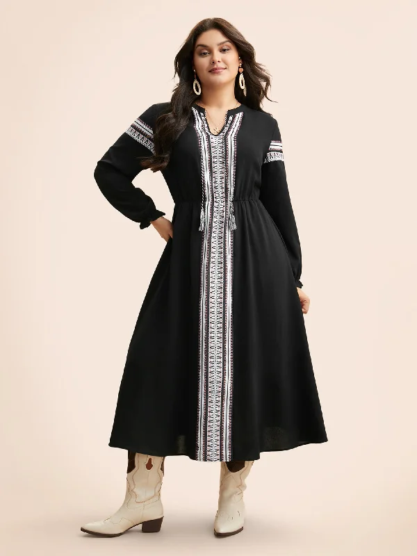 Plus size dresses featuring braided trims are artsy -Bandana Tie Knot Lantern Sleeve Dress