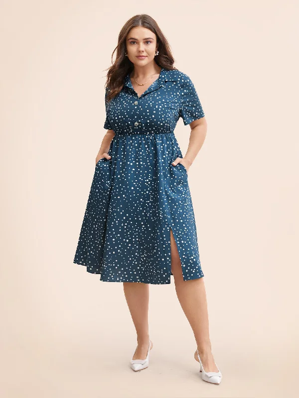 Plus size dresses for formal events look elegant -Polka Dot Button Detail Split Hem Midi Dress