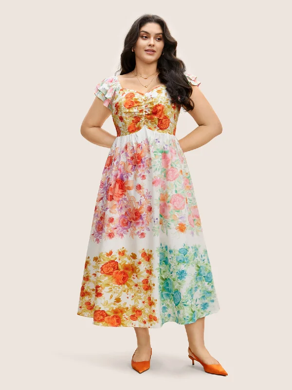 Plus size dresses with sleek finishes stay polished -Patchwork Floral Tiered Ruffle Sleeve Dress