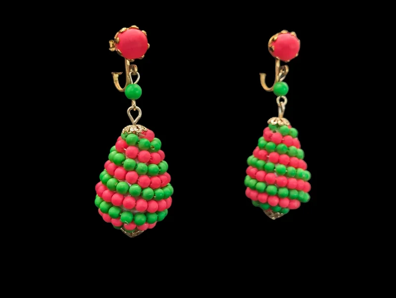 Drop Earrings for Travel Look -Drop earrings for everyday wear with a sleek design -1960s - 1970s Mod Neon Pink and Electric Green Beaded Tear Drop Dangle Earrings