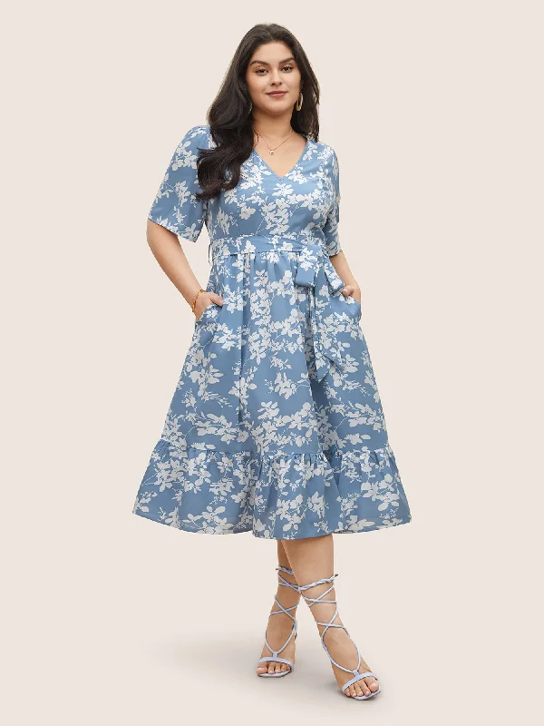 Plus size dresses for office wear stay sharp -Silhouette Floral Print Patchwork Elastic Waist Dress