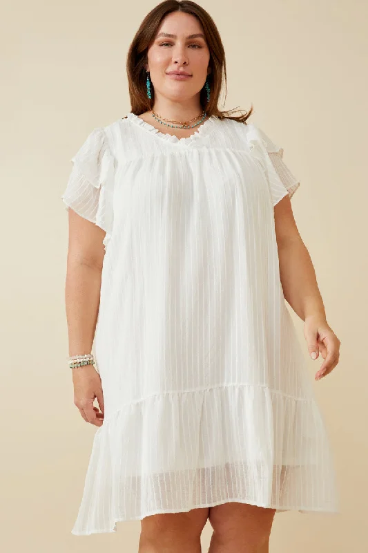 Plus size dresses featuring metallic hues shine soft -Texture Striped Ruffle Sleeve V Neck Dress