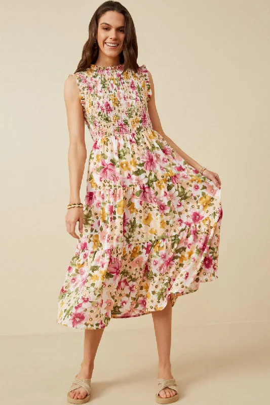 Plus size dresses featuring chiffon layers feel airy -Floral Ruffle Detail Smocked Tank Dress