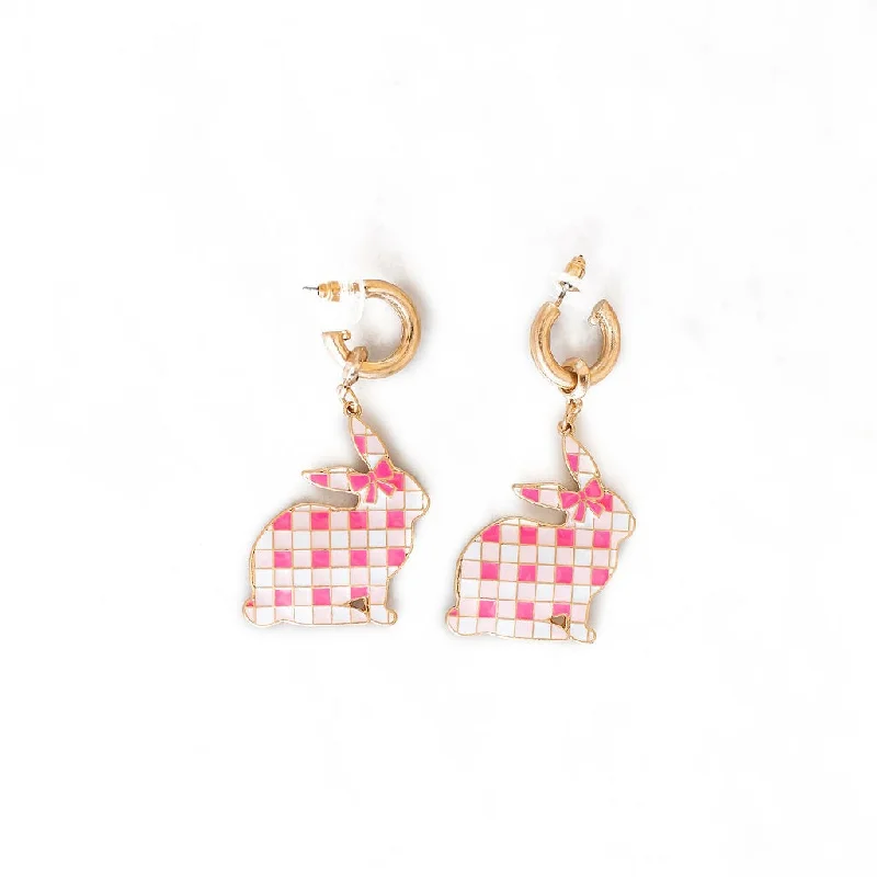 Drop Earrings with Wave Designs -Drop earrings with delicate chains for added movement -Plaid Rabbit Huggies | Pink