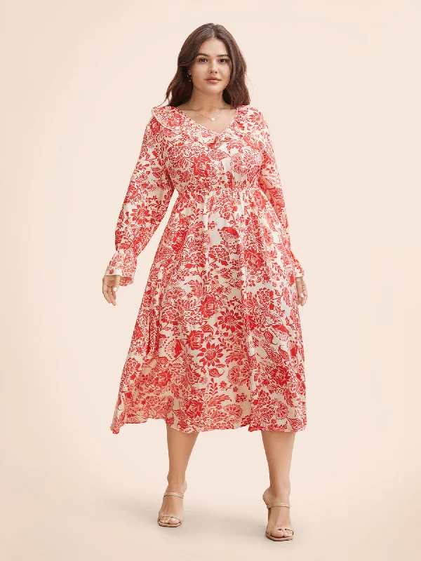 Plus size dresses with supportive fits lift spirits -Floral Lantern Sleeve Ruffle Trim Dress