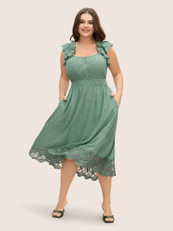 Plus size dresses featuring striped patterns are fresh -Textured Tiered Ruffles Lace Panel Dress