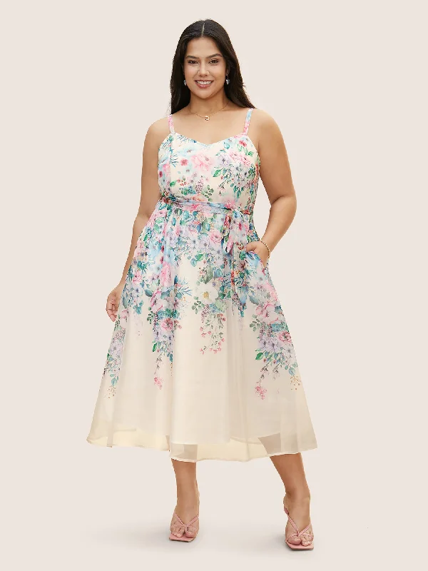 Plus size dresses with breathable fabrics stay cool -Floral Mesh Elastic Waist Belted Cami Dress