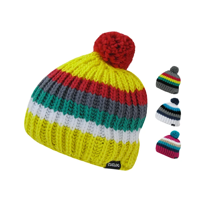 Fitted baseball cap for team uniform fit -Cuglog K028 Mont Ventoux Cable Knit Striped Pom Pom Beanies Hats Winter Caps