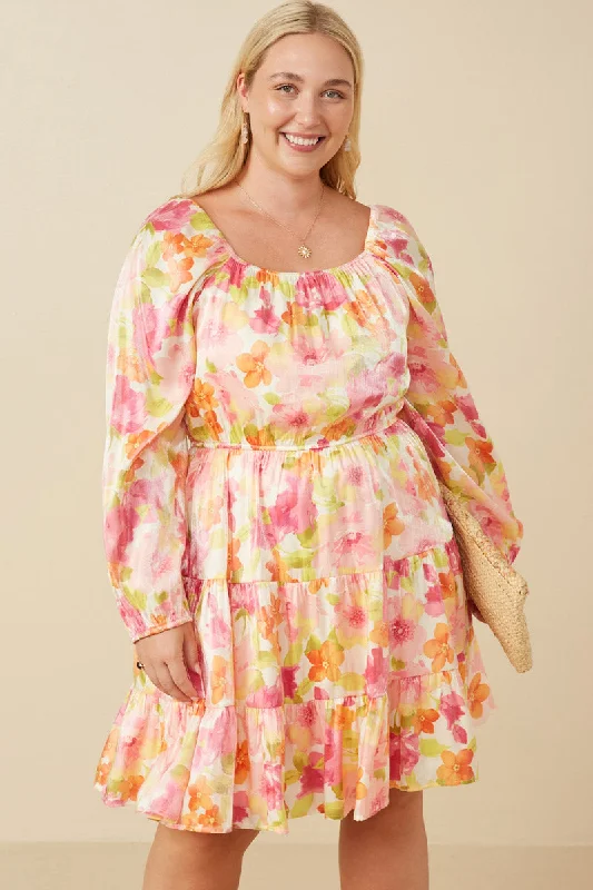 Plus size dresses featuring sequins sparkle subtly -Womens Lurex Floral Square Neck Peasant Sleeve Dress